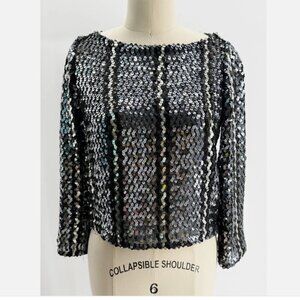 Vtg Lila Petite NY 80s Sequin Black & Silver Crop LSV Top Cocktail Trending Sz 0